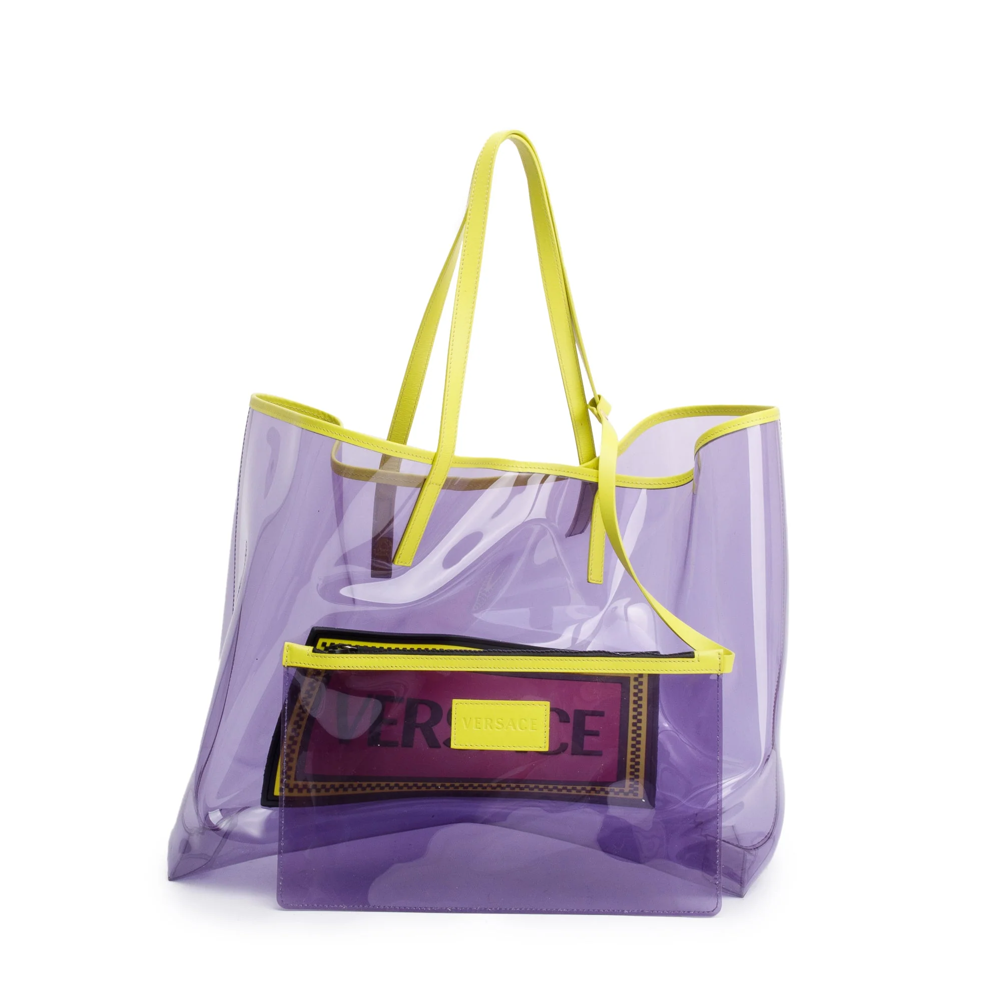 Versace Purple Vinyl Green Calfskin Logo Tote Bag w/ Pouch - Image 3
